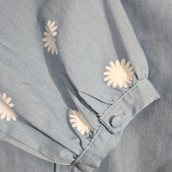 Simplee Women's Large Blue Daisy Floral Puff Sleeve Blouse Ruffle Collar Top - Picture 5 of 7